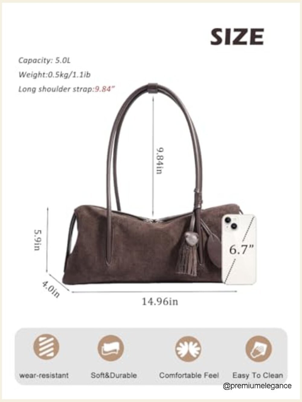 Genuine Suede Leather Hobo Bag, Lightweight Tote Handbag, Soft Shoulder Bag - Picture 4 of 7